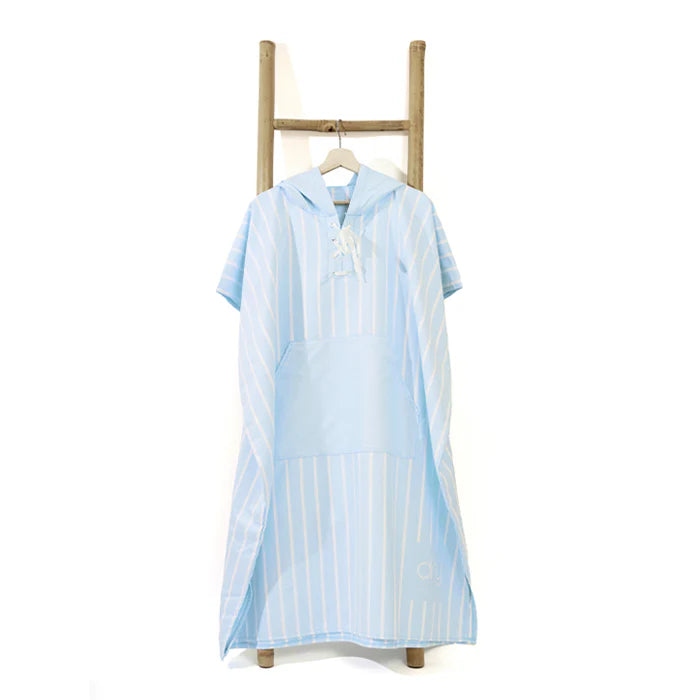 Microfiber Quick Dry Poncho 2Pcs Set (Adult+Kid) - Stripe Design, Light Blue