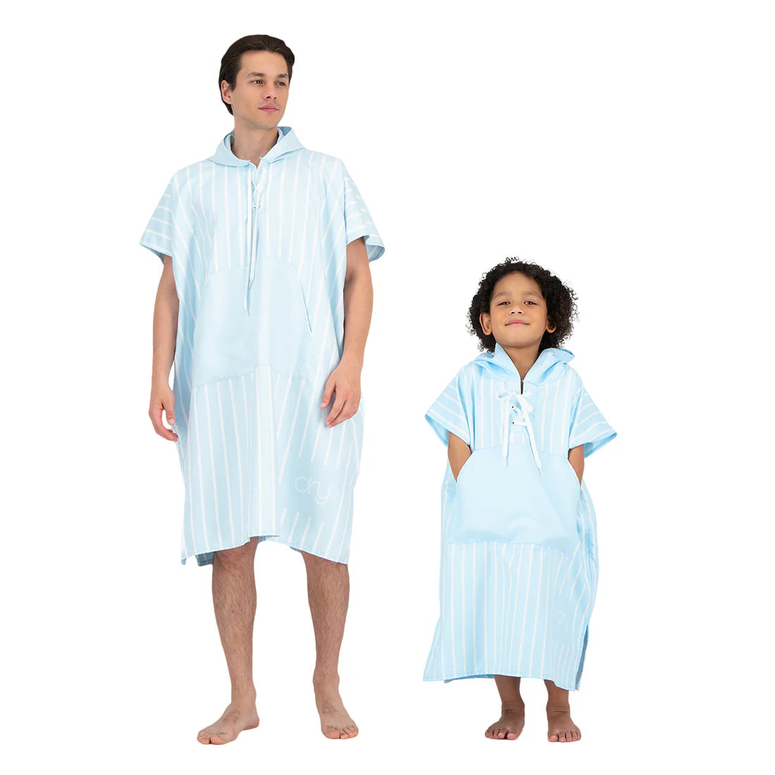 Microfiber Quick Dry Poncho 2Pcs Set (Adult+Kid) - Stripe Design, Light Blue
