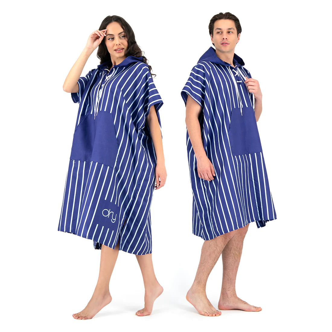 Microfiber Quick Dry Poncho 2Pcs Set (Adult+Kid) - Stripe Design, Dark Blue