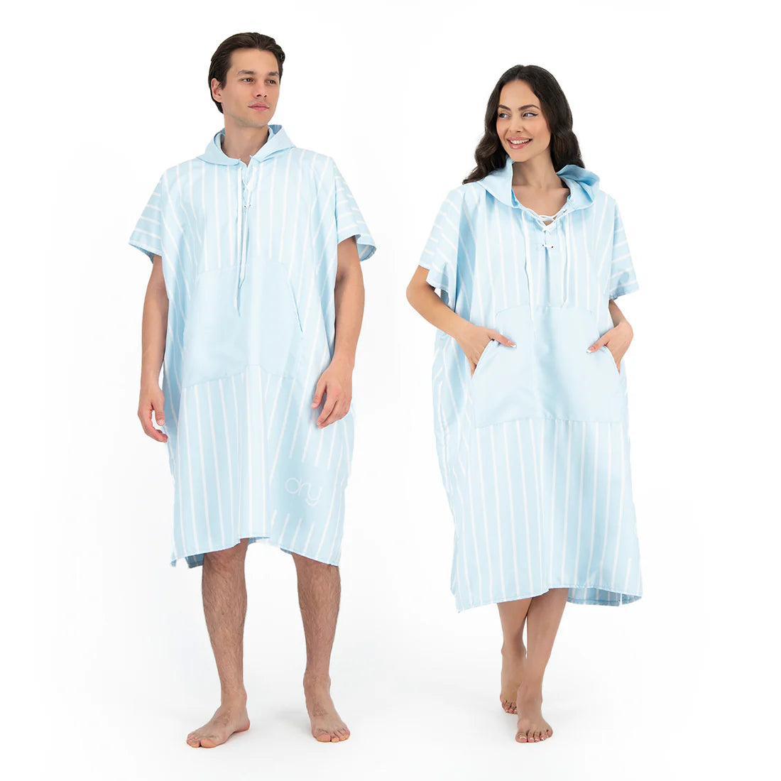 Microfiber Quick Dry Poncho 2Pcs Set (Adult+Kid) - Stripe Design, Light Blue