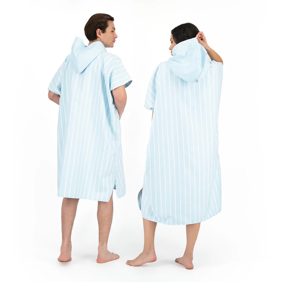 Microfiber Quick Dry Poncho 2Pcs Set (Adult+Kid) - Stripe Design, Light Blue