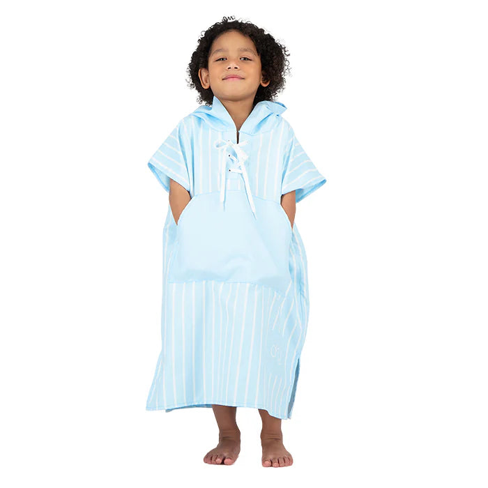 Microfiber Quick Dry Poncho 2Pcs Set (Adult+Kid) - Stripe Design, Light Blue