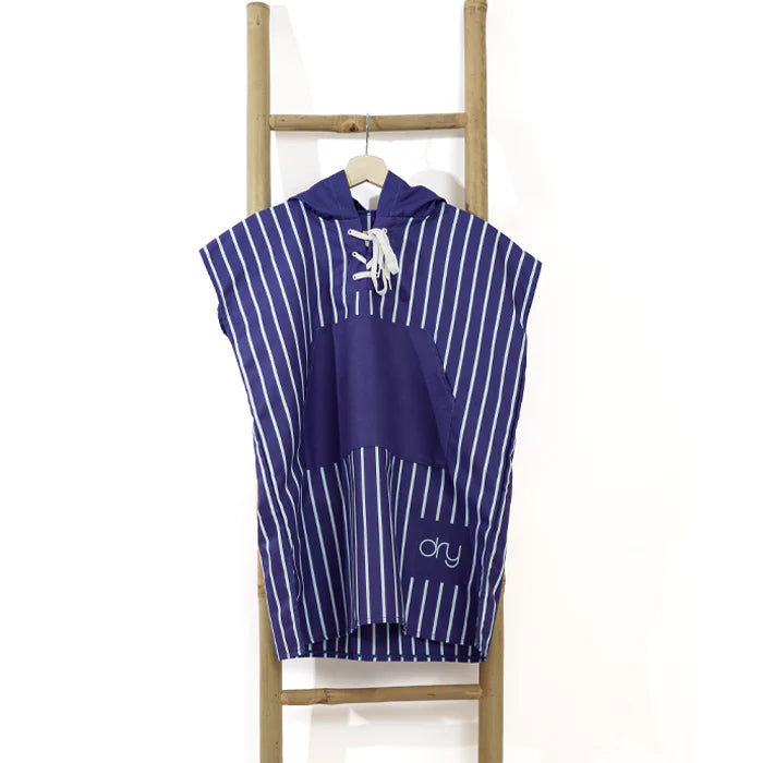 Microfiber Quick Dry Poncho 2Pcs Set (Adult+Kid) - Stripe Design, Dark Blue