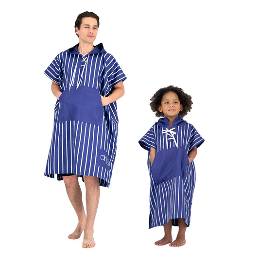 Microfiber Quick Dry Poncho 2Pcs Set (Adult+Kid) - Stripe Design, Dark Blue