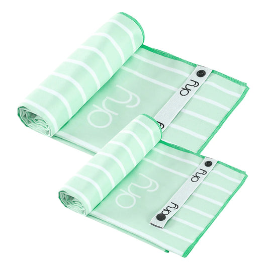 Microfiber Quick Dry Towel 2Pcs Set (Big+Small) - Stripe Design, Light Green