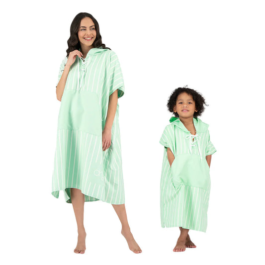 Microfiber Quick Dry Poncho 2Pcs Set (Adult+Kid) - Stripe Design, Light Green