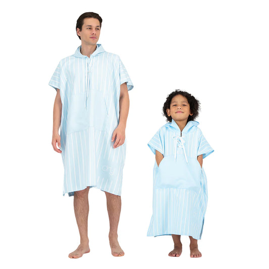 Microfiber Quick Dry Poncho 2Pcs Set (Adult+Kid) - Stripe Design, Light Blue