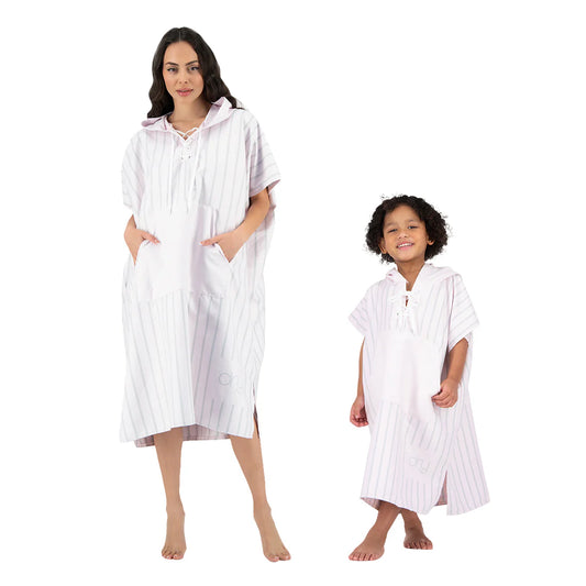 Microfiber Quick Dry Poncho 2Pcs Set (Adult+Kid) - Stripe Design, Light Pink