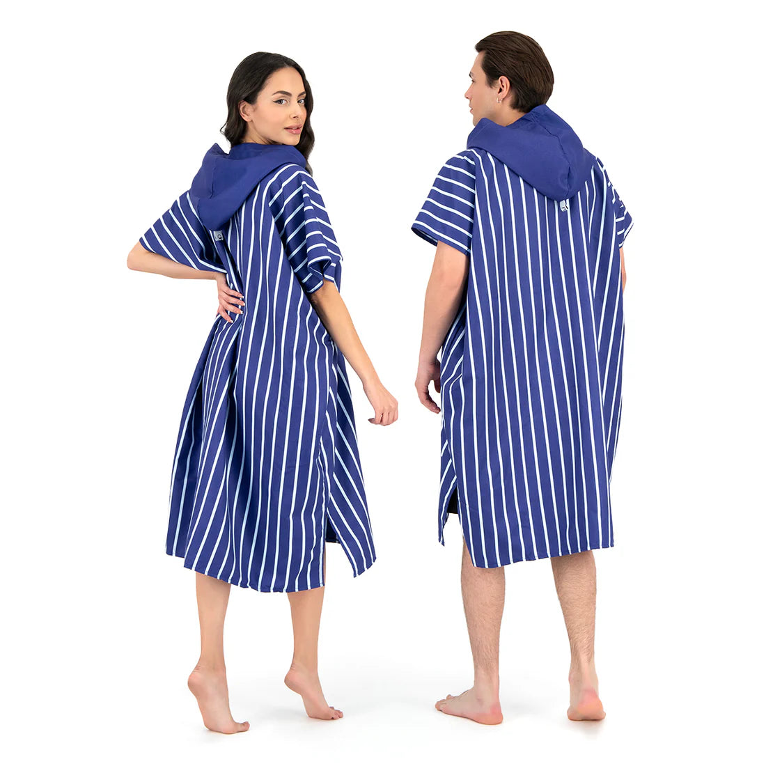 Microfiber Quick Dry Poncho 2Pcs Set (Adult+Kid) - Stripe Design, Dark Blue