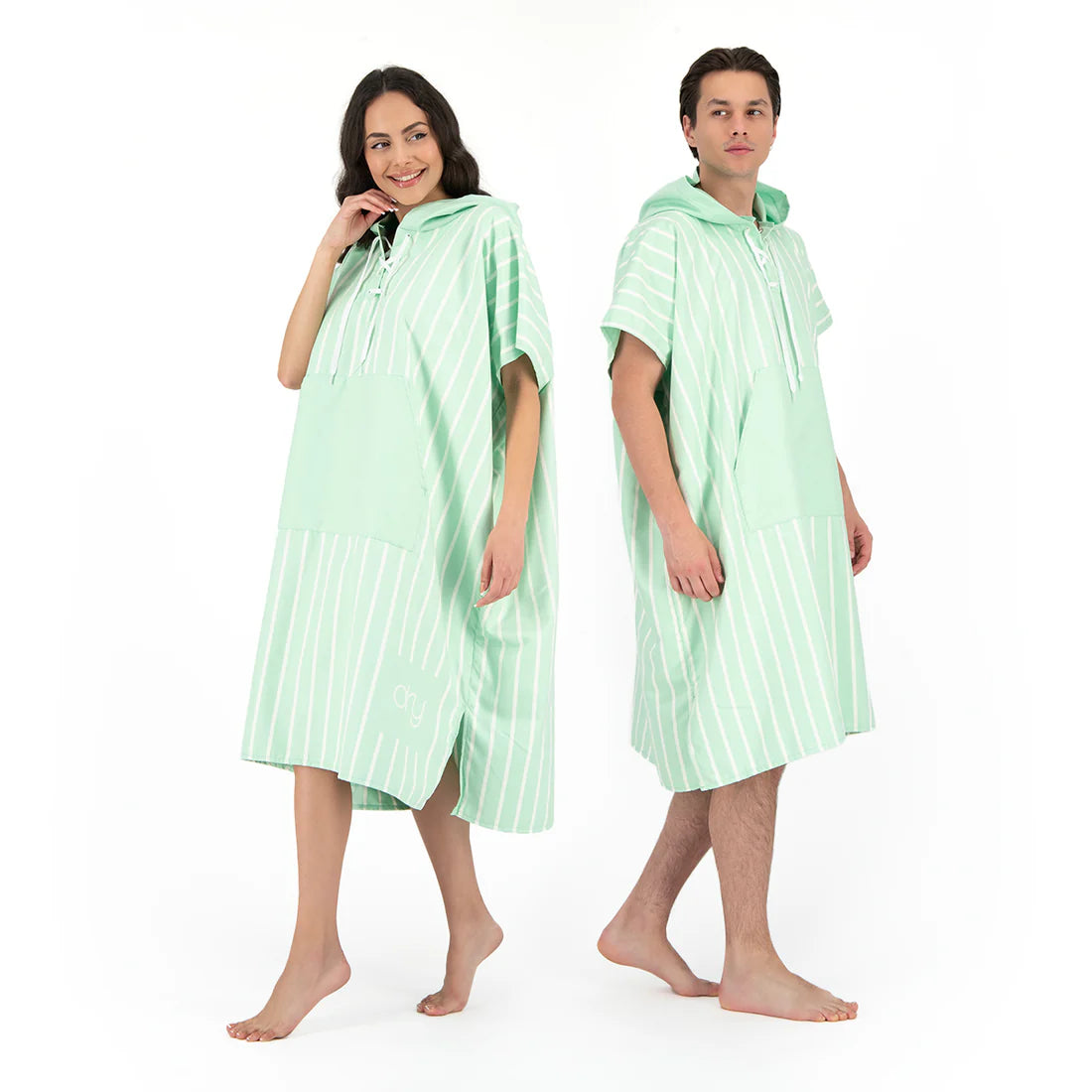 Microfiber Quick Dry Poncho 2Pcs Set (Adult+Kid) - Stripe Design, Light Green