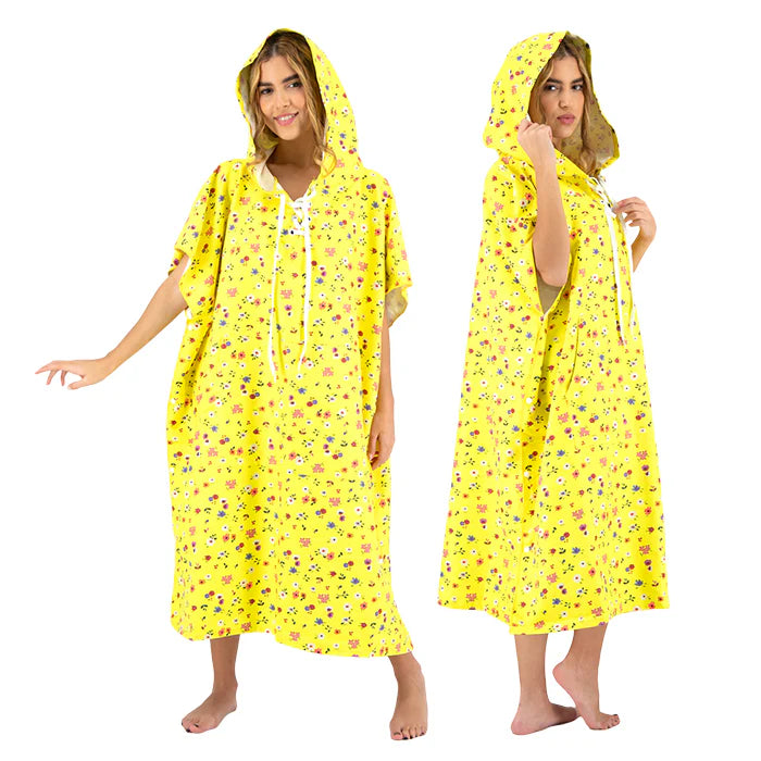 Microfiber Adult Poncho 2Pcs Set (Adult + Kid) - Flower Design, Yellow